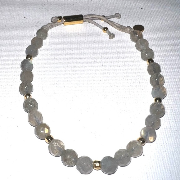 Grey Labradorite Gemstone Beaded Bracelet Gold Accent Adjustable Cord String - Picture 1 of 4